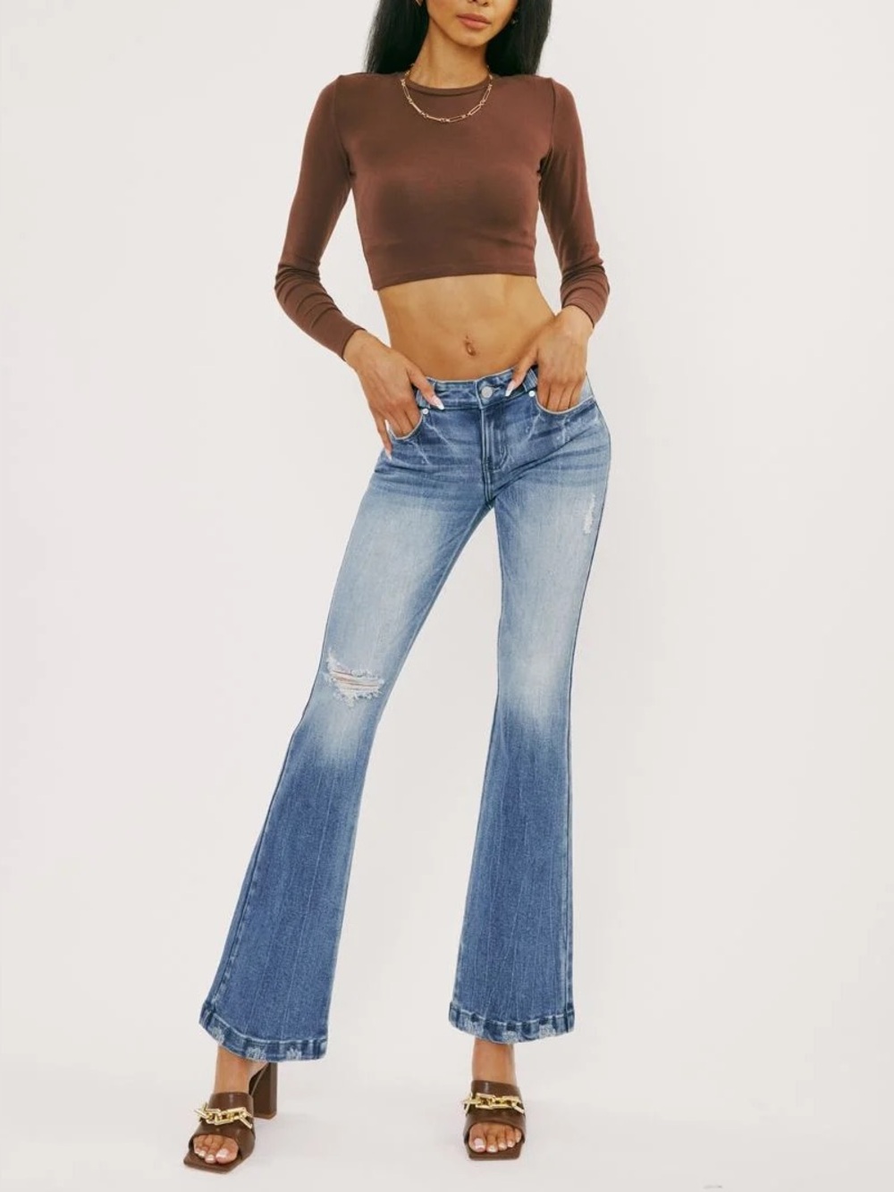 Kancan Low Rise Distressed Medium Wash Flare Denim Jeans Women’s Size 9 28